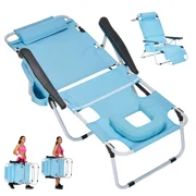 Slsy Folding Tanning Lounge Chair with Removable Soft Mattress & U-Shaped Pillow,5-Level Adjustable Outdoor Beach Bed for Sunbathing&Napping,Portable Striped Reclining Cot for All-Season Comfort
