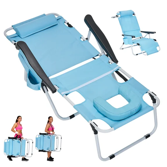 Slsy Folding Tanning Lounge Chair with Removable Soft Mattress & U-Shaped Pillow,5-Level Adjustable Outdoor Beach Bed for Sunbathing&Napping,Portable Striped Reclining Cot for All-Season Comfort