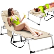 Slsy Folding Tanning Lounge Chair with Removable Soft Mattress & U-Shaped Pillow,5-Level Adjustable Outdoor Beach Bed for Sunbathing&Napping,Portable Striped Reclining Cot for All-Season Comfort