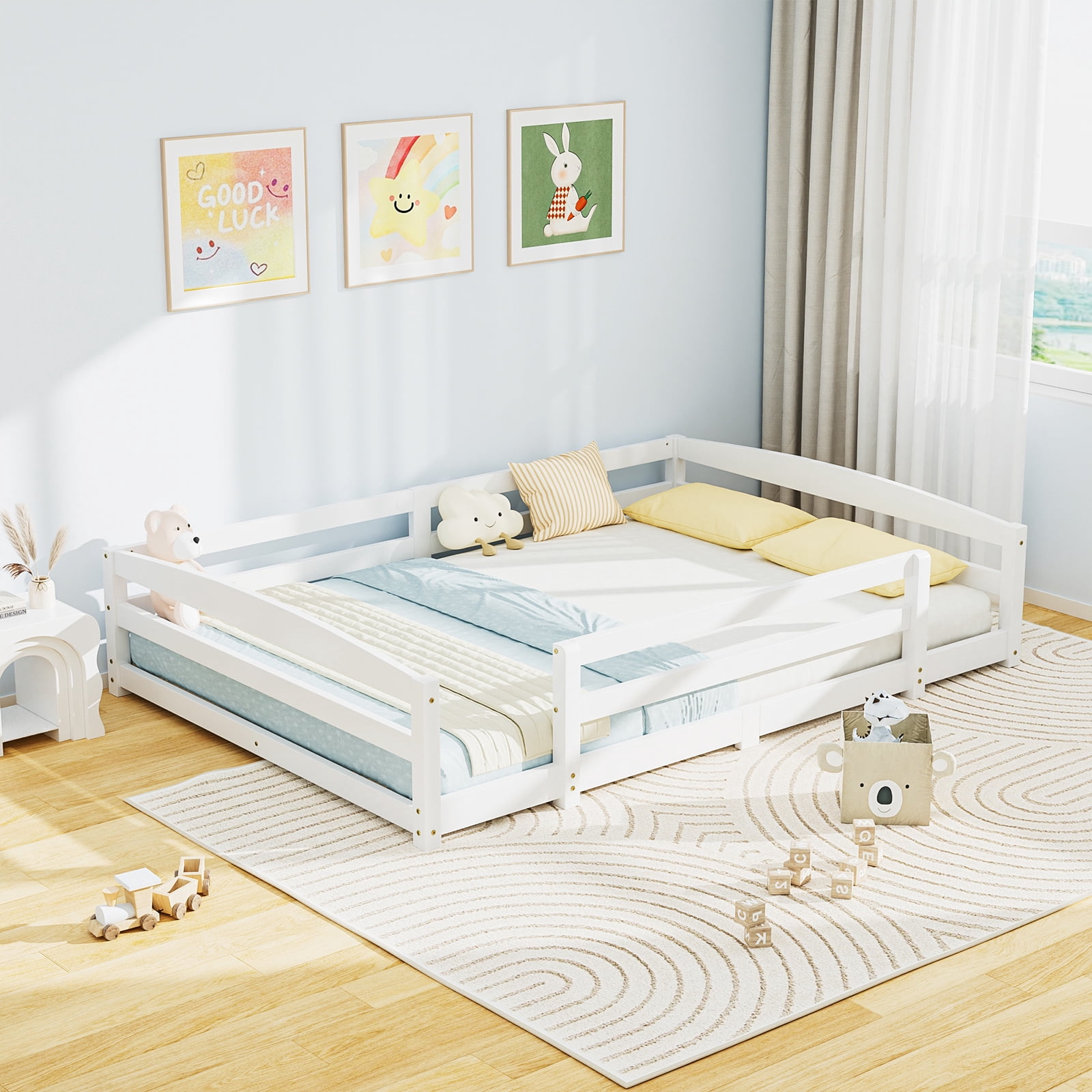 Slsy Full Size Toddler Floor Bed, Solid Wood Montessori Bed Frame with Fence & Door Montessori Floor Bed Crib with Safety Guardrails for Girls and Boys