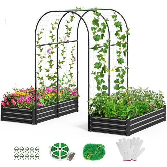 Slsy Galvanized Raised Garden Bed with 85in Tall Garden Trellis for Vegetables Flowers Herbs, Tall Metal Plant Support Trellis Archway for Climbing Vine Vegetable/Fruit/Flower