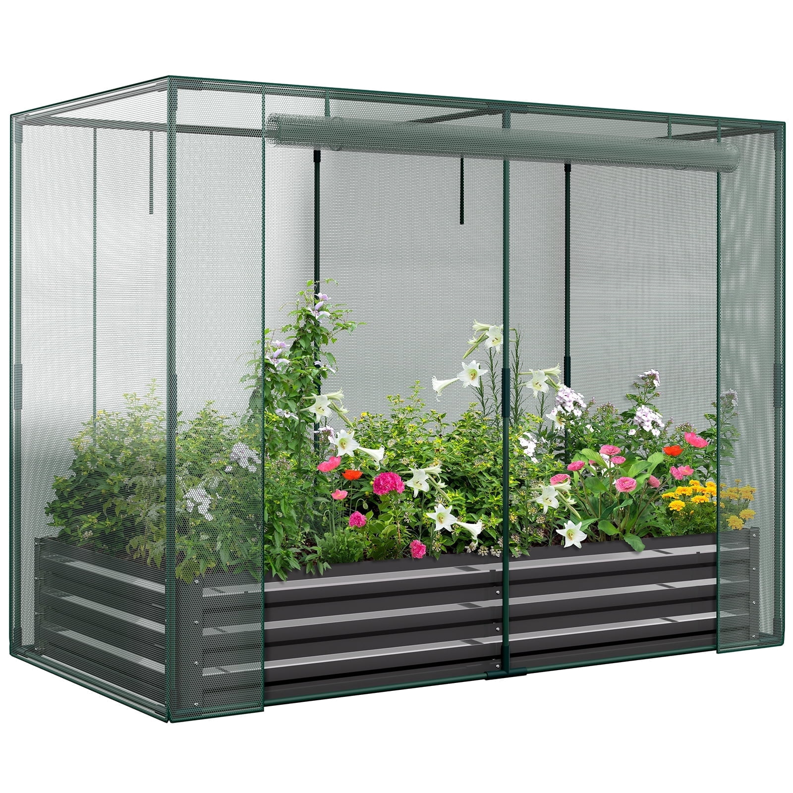 Slsy Galvanized Raised Garden Bed Kit w/Crop Cage Anti-Bird Netting Mesh Cover, 71" x 35.4" x 59" Large Metal Outdoor Planter Garden Boxes w/ 2 Roll-up Zippered Doors, for Vegetables Herbs Flowers