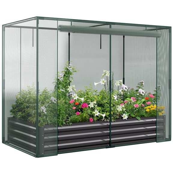 Slsy Galvanized Raised Garden Bed Kit w/Crop Cage Anti-Bird Netting Mesh Cover, 71" x 35.4" x 59" Large Metal Outdoor Planter Garden Boxes w/ 2 Roll-up Zippered Doors, for Vegetables Herbs Flowers
