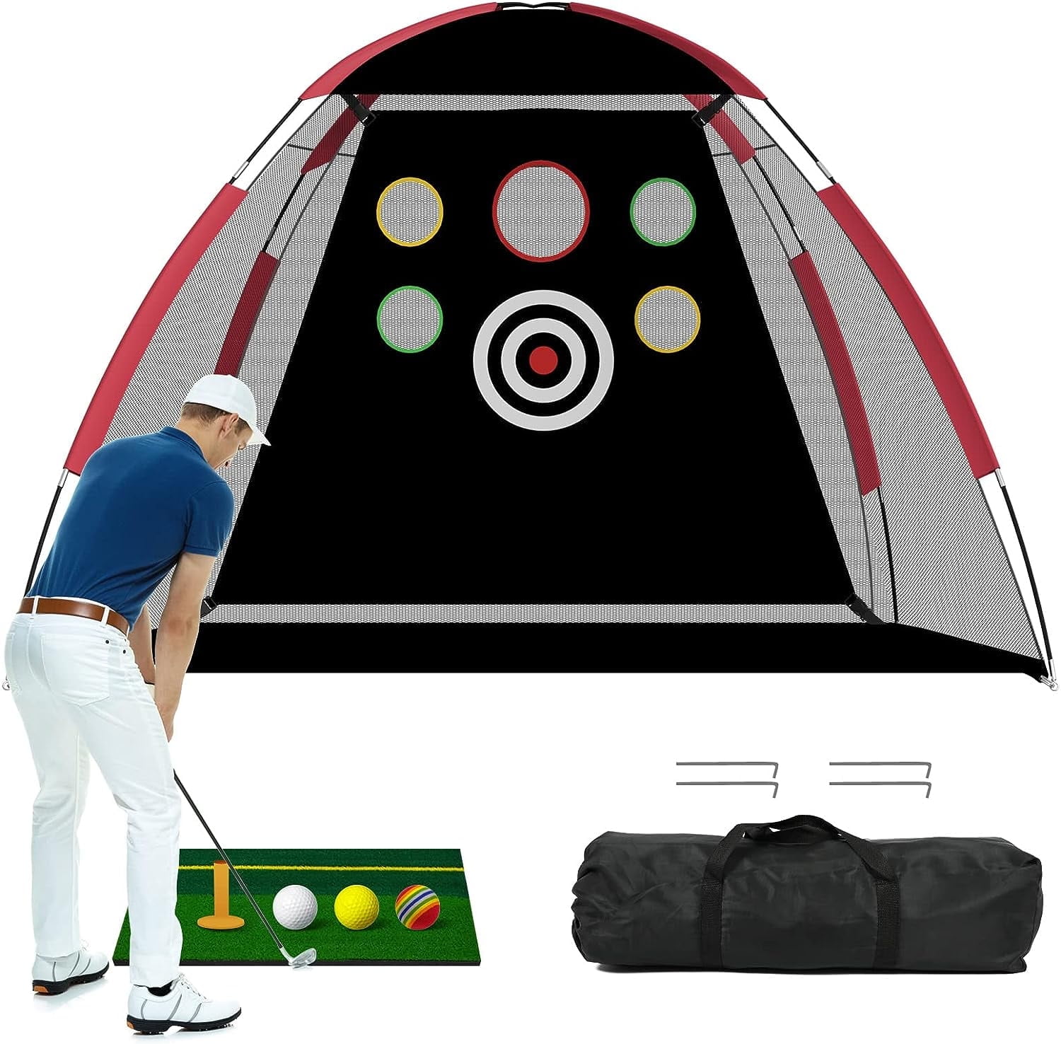 Slsy 10x7ft Golf Net Set with Mat, Balls, Tees, 3 Targets for Indoor