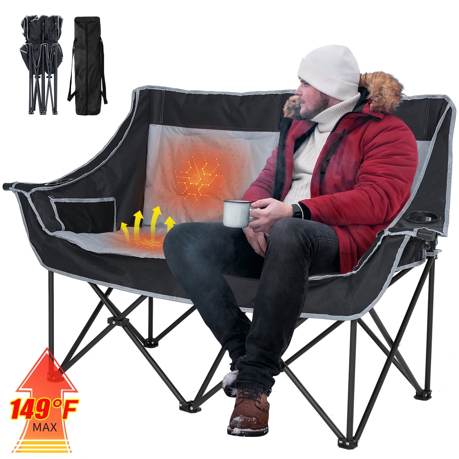 XXXL Heated Double Black Gray Steel Camping Chair with Cushions
