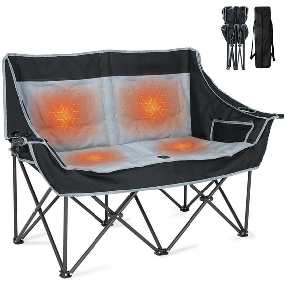 Slsy Heated Double Camping Chair, 2-Person Heated Folding Chairs for Outdoor Sports w/ 3 Heat Levels & 4 Heating Zones, Patio Lounge Chairs Folding Camping Chair Supports 550 lbs