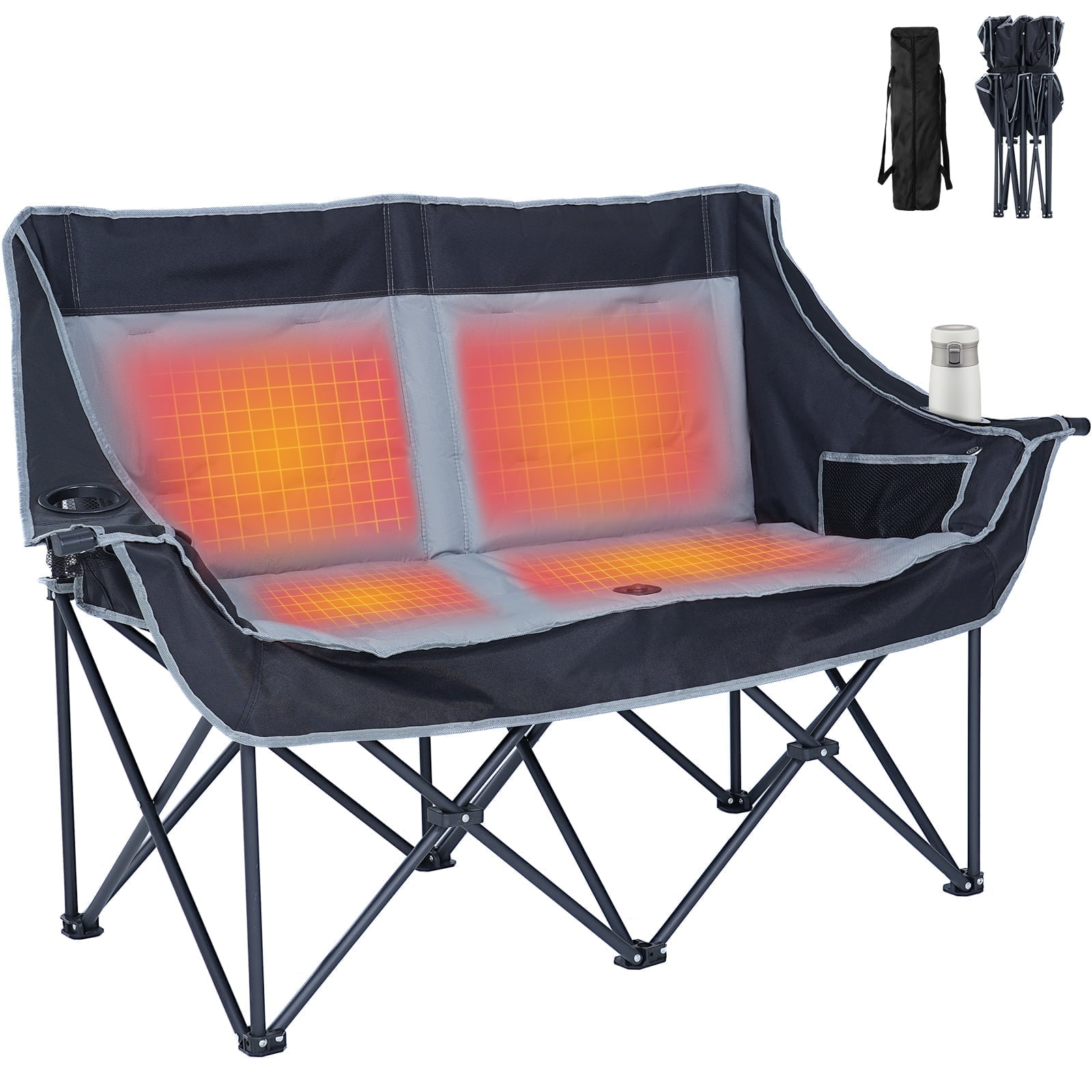 XXXL Heated Double Black Gray Steel Camping Chair with Cushions