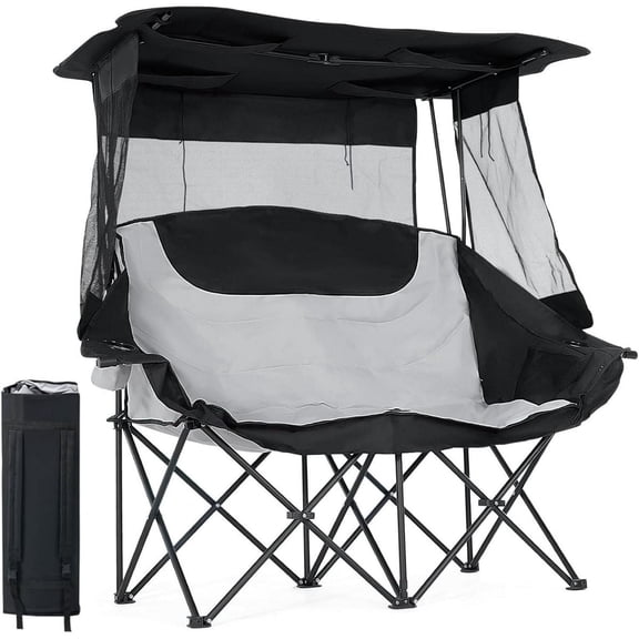 Slsy Heated Double Camping Chair, 2-Person Heated Folding Chairs for Outdoor Sports w/ 3 Heat Levels & 4 Heating Zones, Patio Lounge Chairs Folding Camping Chair Supports 550 lbs