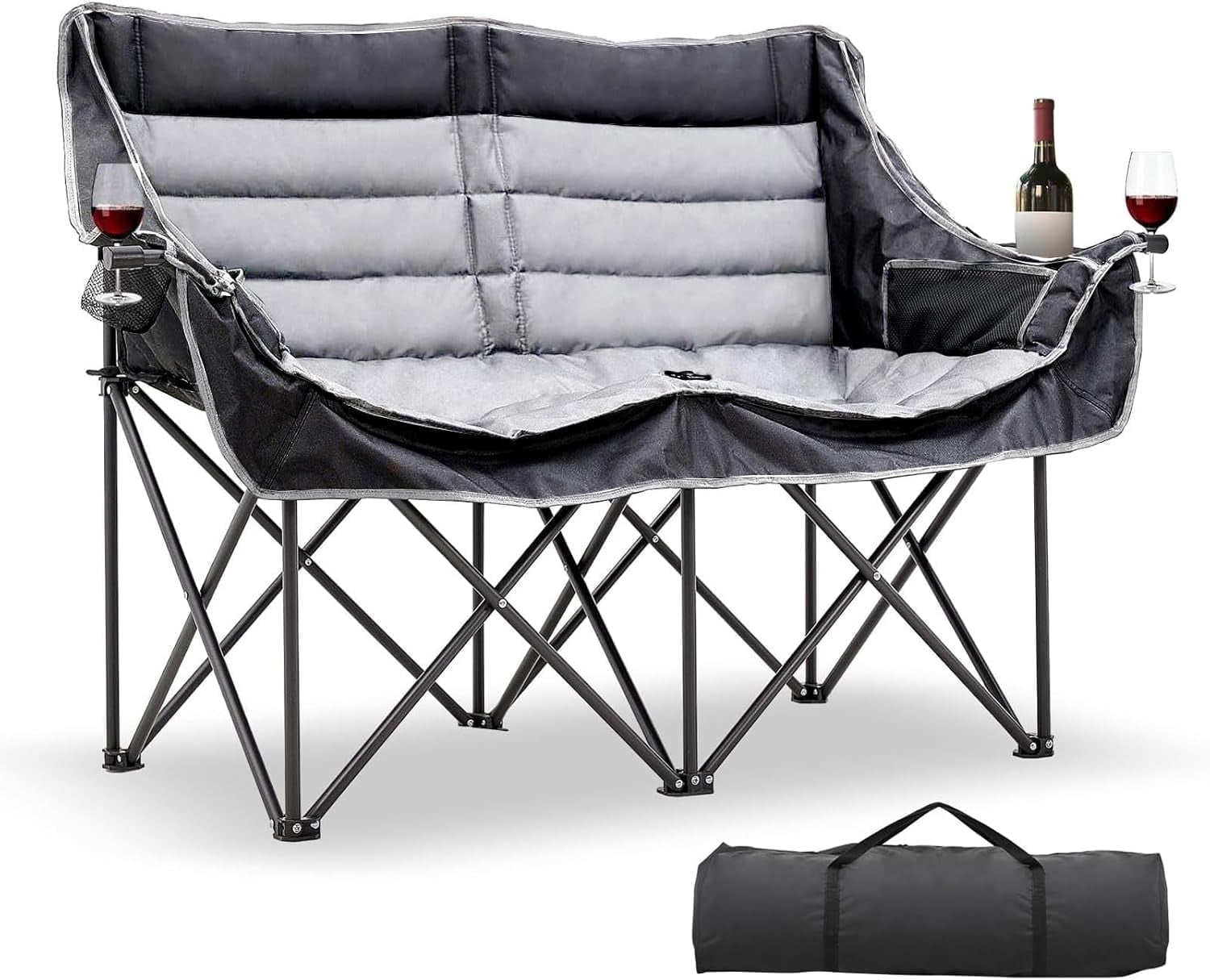 XXXL Heated Double Black Gray Steel Camping Chair with Cushions
