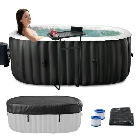 Slsy 1-2 Person Inflatable Hot Tub, Oval Blow Up Portable Hot Tub, Leak-Proof PVC Outdoor Spa with 100 Strong Air Jets, Heater Pump and Insulated Cover, 75'' X 47''X 25''