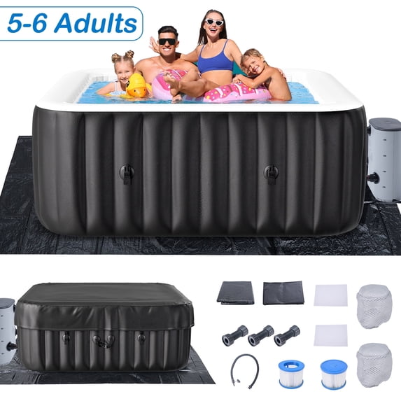 Slsy 4-6 Person Inflatable Square Hot Tub with 130 Bubble Jets, Built-in Heater Pump and Filter, 73"L x 73"W x 25"H