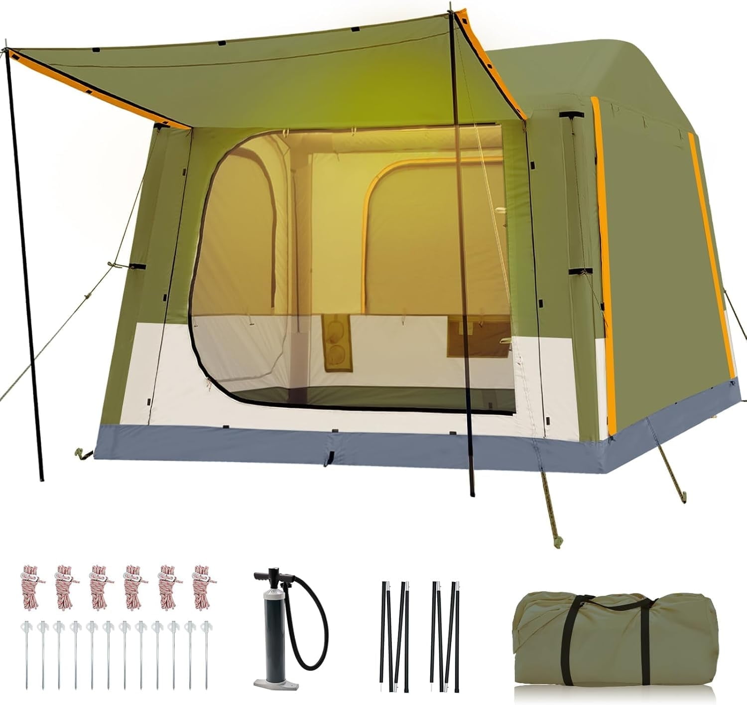 Slsy Inflatable Tent with Pump, Inflatable Tent for Camping 4~6 People Large Blow Up Air Tents House, Waterproof Luxury Glamping Tent with Mesh & Stove Jack
