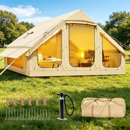 Slsy Inflatable Tents with Canopy for Camping, Blow Up Tent with Hand Pump, Easy Setup Inflatable Hot Tent with Stove Jack, Waterproof Oxford Air Glamping Tents for Camping Adult 4-6 Person