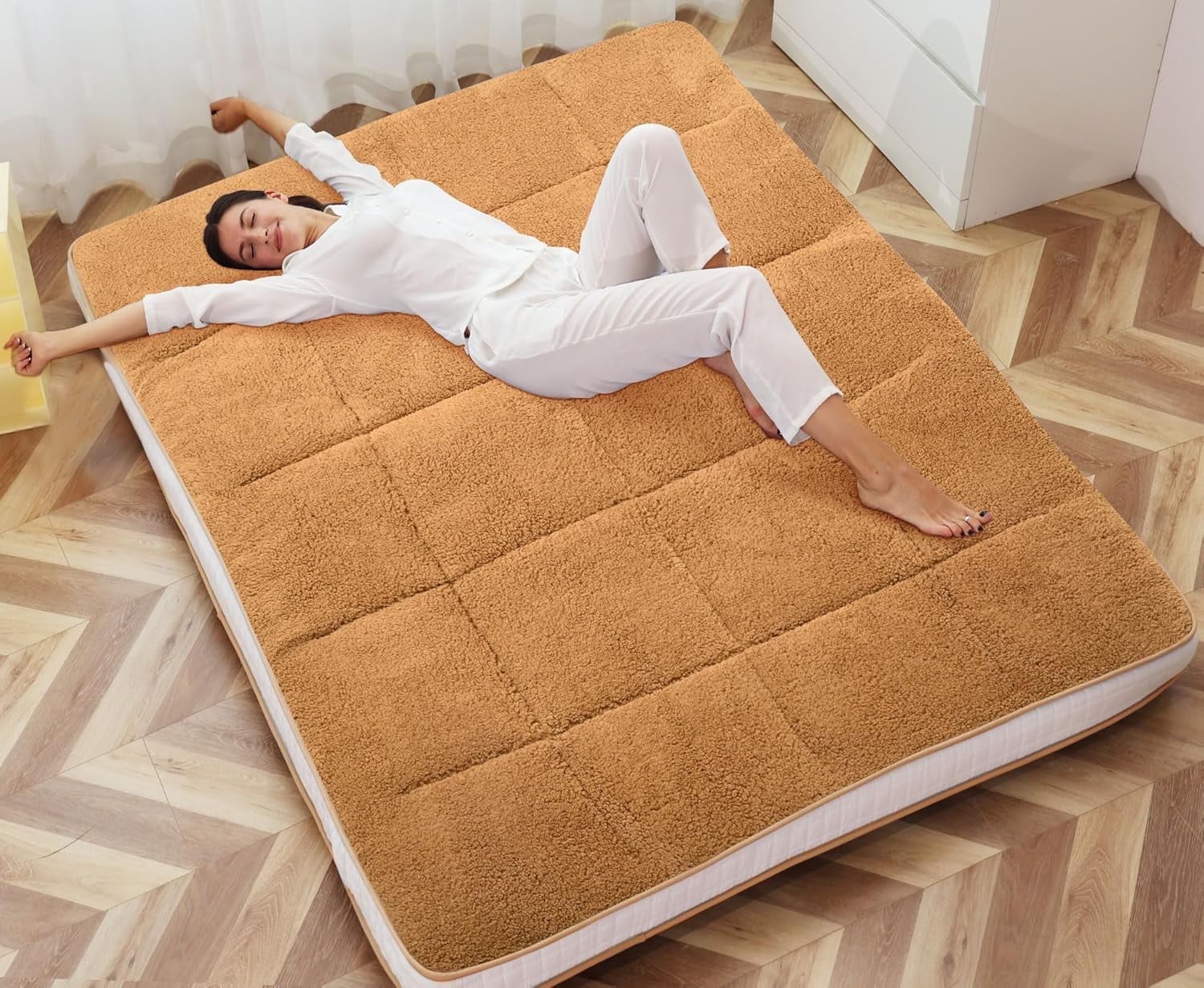 Slsy Sherpa Japanese Floor Mattress, Twin/Full/Queen Size Futon Mattress, 4'' Thicken 2 Sided Tatami Mat, Foldable Tatami Mat Portable Dormitory Sleeping Pad, Roll Up Floor Lounger Bed for Adult Child