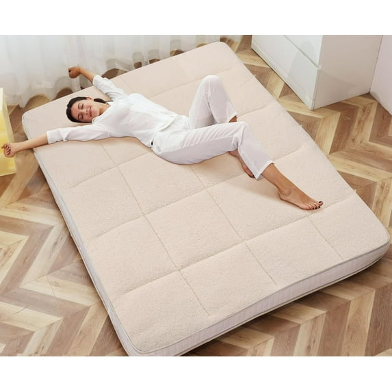 Slsy Sherpa Japanese Floor Mattress, Twin/Full/Queen Size Futon Mattress, 4'' Thicken 2 Sided Tatami Mat, Foldable Tatami Mat Portable Dormitory Sleeping Pad, Roll Up Floor Lounger Bed for Adult Child