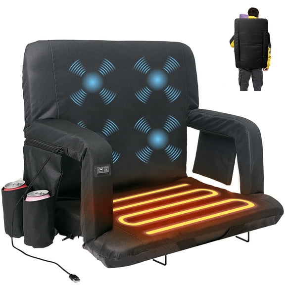 Slsy Heated Massage Stadium Seat for Bleacher w/Back Support, 21" Portable Lightweight Heating Bleacher Chair, 3 Levels of Heat&Massage, 6 Reclining Positions for Indoor Stadiums, Baseball Stadiums