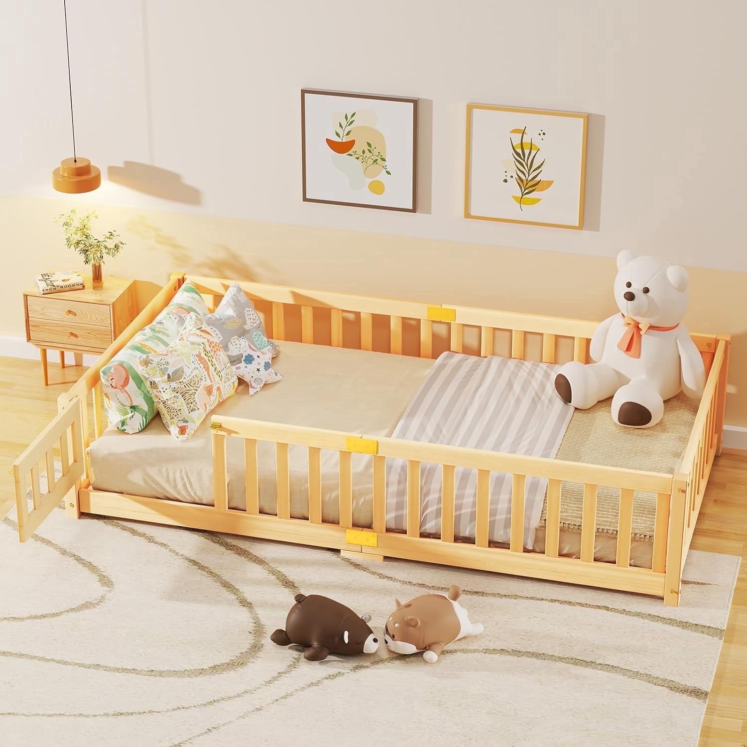 Slsy Montessori Floor Bed for Kids, Solid Wood Toddler Bed Frame w/Convertible Door and Safety Fence, Floor Bed Frame for Children Bedroom, Toddlers, Boys Girls, Kids Playroom, Twin / Full