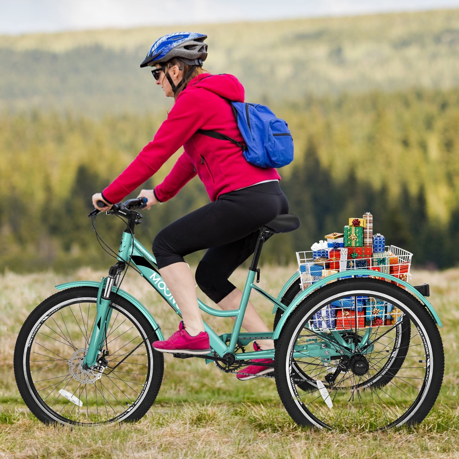 Slsy Mountain Tricycle for Adults, 24/26/27.5 Inch MTB 7 Speed Three Wheel Bike, Adults Tricycle with Cargo Basket for Adults, Women, Men, Seniors