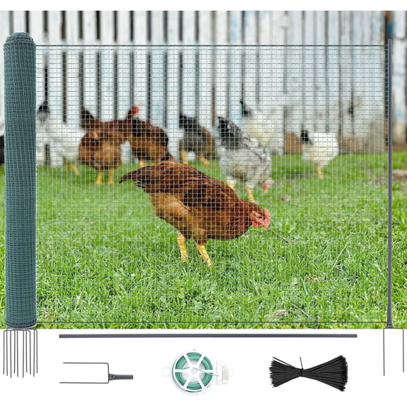 Slsy Non Electric Fence Netting, 40" x100' Boundary Fence with 15 Double Spiked Posts, 100 Zip Tties, 1 Rroll Twist Tie, Portable Poultry Fence for Dogs, Chickens, Ducks in Backyard, Garden, Farm