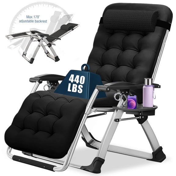 Slsy Outdoor Padded Zero Gravity Lounger, Black, Recliner with Cushion & Cup Holder, Supports 440lbs