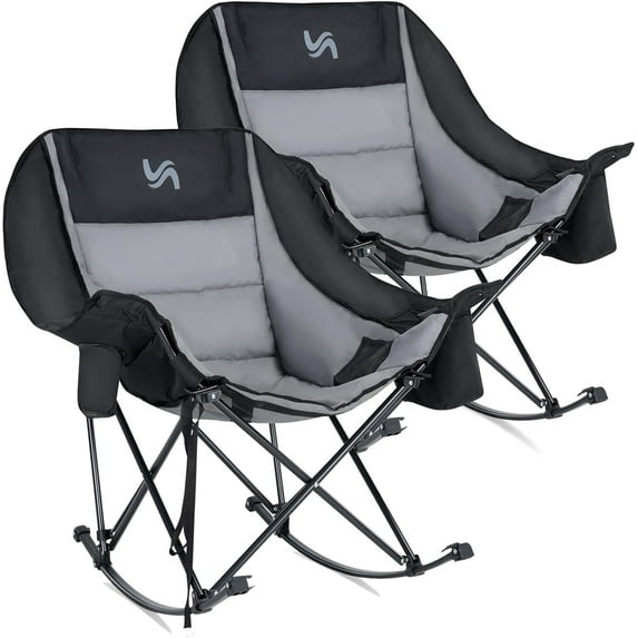 Slsy 2 Packs Oversized Rocking Camping Chair, Fully Padded Patio Chair with Cooler Bag&Cup Holder, High Back Portable Lawn Recliner with Headrest, Portable Camp Rocker Chairs with Carry Bag, Up To 40