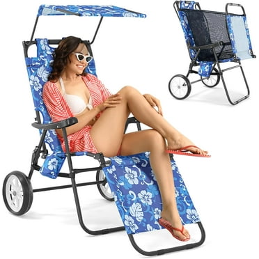 Slsy 2-in-1 Beach Chair with Wheels, Folding Tanning Lounger with Canopy Shade, Heavy Duty Beach Cart Chair with Integrated Wagon Pull Cart for Pool, Picnic, Backyard & Camping
