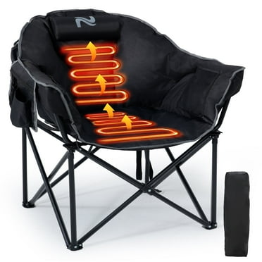 Slsy Oversized Heated Camping Chair w/Pillow, Padded Camp Chair with 3 Heat Levels, Portable Folding Heated Chair Round Moon Saucer Folding Lawn Chair Outdoor Chair for Camping, Lounge Patio