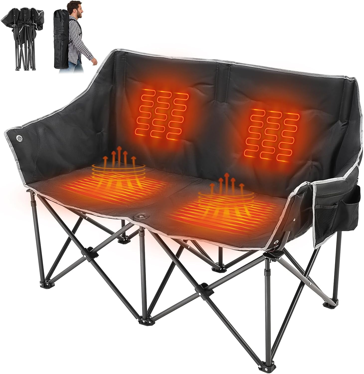 Slsy Oversized Heated Double Camping Chair, Folding 2 Person Camping Chair Loveseat, Fully Padded Duo Chair Camping Couch, Fold Up Double Camp Chair, Lawn Chairs, Camping Bench with Carrying Bag