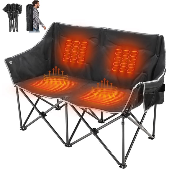 Slsy Oversized Heated Double Camping Chair, Folding 2 Person Camping Chair Loveseat, Fully Padded Duo Chair Camping Couch, Fold Up Double Camp Chair, Lawn Chairs, Camping Bench with Carrying Bag
