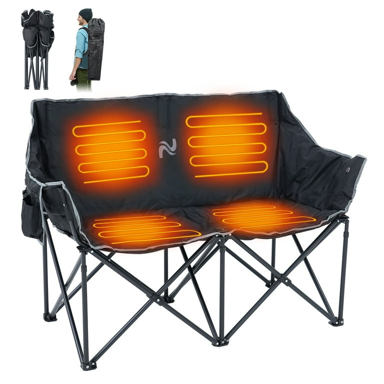 Slsy XXXL Oversized Heated Double Camping Chair Folding 2 Person Camping Chair Loveseat Fully Padded Camping Couch Fold Up Double Camp Chair Lawn