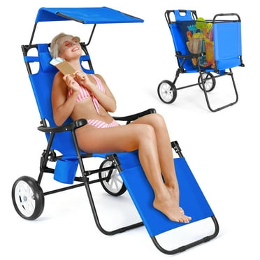 Slsy Beach Chair with Canopy Shade, Folding Beach Cart Chair w/Wheels, Outdoor Recliner Patio Lounge Chairs for Camp, Tailgates, Fishing - Support 400 LBS