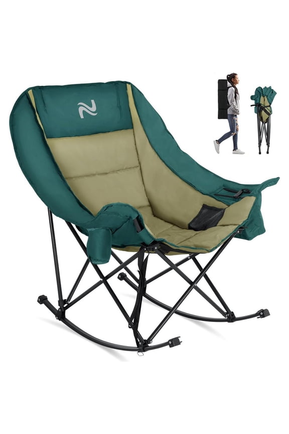 Heated Oversized Rocking Camping Chair, Fully Padded Patio Chair with Cup Holder, High Back Portable Lawn Recliner with Headrest, Outdoor Camp Rocker Chairs for Adults Heavy Duty 400 LBS