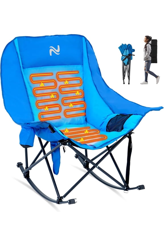 Heated Oversized Rocking Camping Chair, Fully Padded Patio Chair with Cup Holder, High Back Portable Lawn Recliner with Headrest, Outdoor Camp Rocker Chairs for Adults Heavy Duty 400 LBS