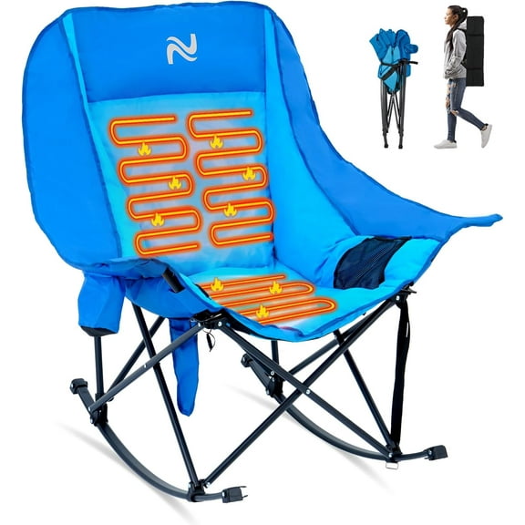 Slsy Heated Oversized Rocking Camping Chair, Fully Padded Patio Chair with Cup Holder, High Back Portable Lawn Recliner with Headrest, Outdoor Camp Rocker Chairs for Adults Heavy Duty 400 LBS