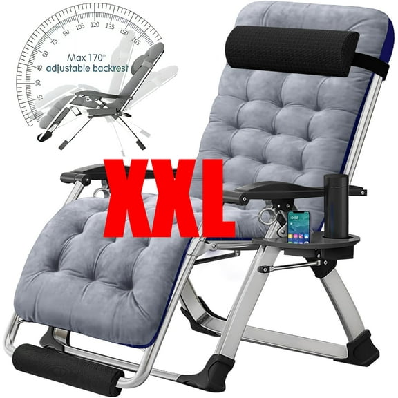 Slsy Oversized XXL Zero Gravity Chair, Lawn Recliner, Reclining Patio Lounger Chair, Folding Portable Chaise with Detachable Soft Cushion, Cup Holder, Headrest