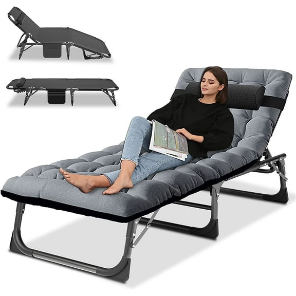Slsy Portable Folding Camping Cot Bed with 2 Sided Mattress & Pillow, Adjustable 5-Position Folding Lounge Chair, Folding Rollaway Guest Bed