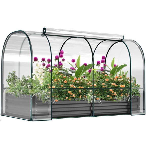 Slsy Portable Greenhouse Cover w/Raised Garden Bed, Easy Set-up 71"x35.4"x45.2" Metal Planter Bottomless Box w/ 2 Roll-up Windows Mini Greenhouse for Protecting Plant from Cold Frost Birds & Insects