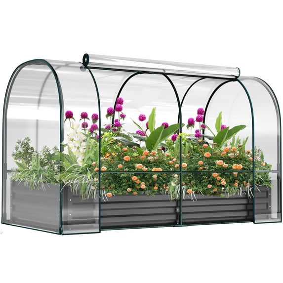 Slsy Portable Greenhouse Cover w/Raised Garden Bed, Easy Set-up 71"x35.4"x45.2" Metal Planter Bottomless Box w/ 2 Roll-up Windows Mini Greenhouse for Protecting Plant from Cold Frost Birds & Insects