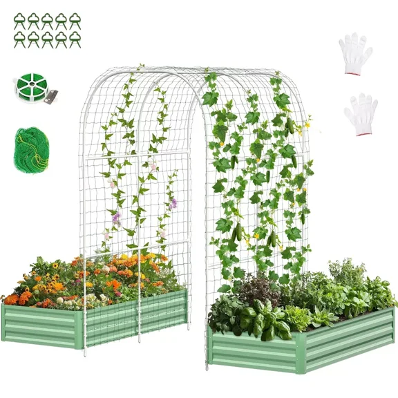 Slsy 3 in 1 Galvanized Raised Garden Bed with 87in Tall Arch Trellis for Climbing Plants, Galvanized Planter Garden Box Outdoor for Gardening,Green