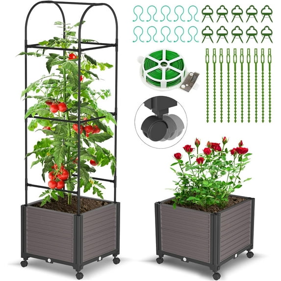 Slsy Raised Garden Bed Planter Box with Wheels, Tomato Cage Planter Raised Garden Bed with Trellis for Climbing Vegetables Plants Tomato Cage, Indoor Outdoor Use