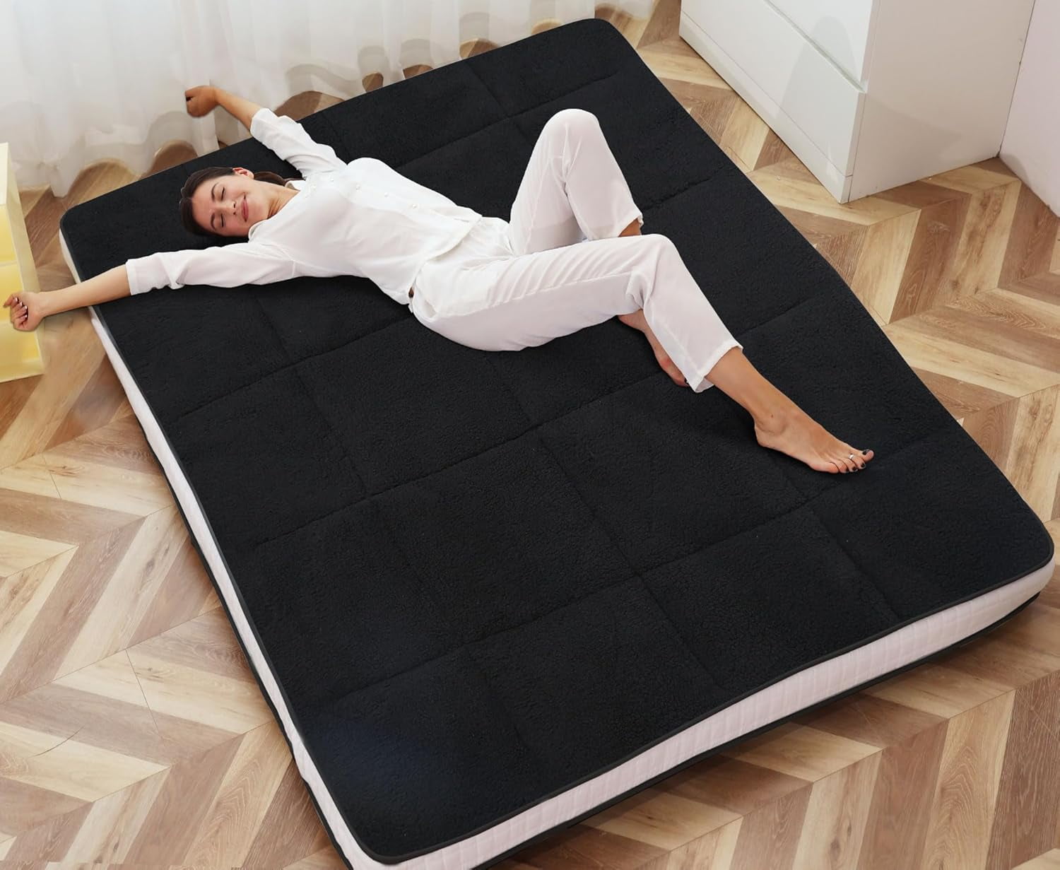 Slsy Sherpa Japanese Floor Mattress, Twin/Full/Queen Size Futon Mattress, 4'' Thicken 2 Sided Tatami Mat, Foldable Tatami Mat Portable Dormitory Sleeping Pad, Roll Up Floor Lounger Bed for Adult Child