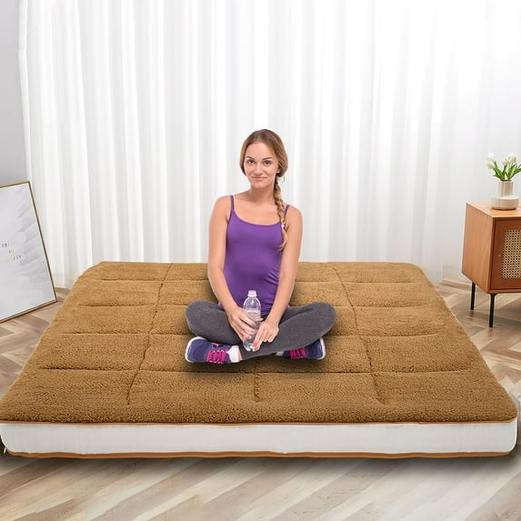 Slsy Upgraded Japanese Floor Mattress, Sherpa Fleece Reversible Winter Futon Mattress Foam Mattress, Folding Roll Up Sleeping Pads, Floor Bed Tatami Mat