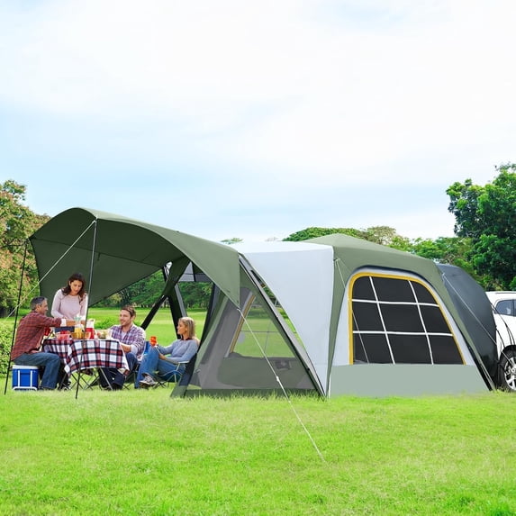 Slsy 6–8 Person SUV Camping Tent with Canopy & Vestibule, Waterproof Tailgate Car Tent with Rainfly, Large Mesh Windows, Easy Setup for SUV/Truck/Van