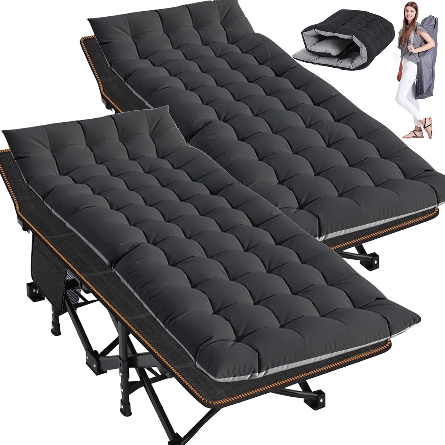 Slsy XL 2 Packs Camping Cots,Folding with 2 Sided Mattress,Carry Bag,75inch Extra Wide Sleeping Cot for Camping Beach