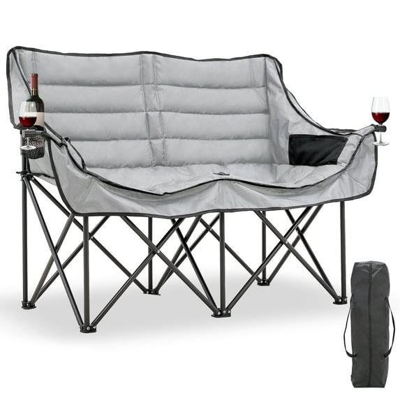 Slsy XXXL Double Camping Chair, Oversized Loveseat Camping Couch, Fully Padded Heavy Duty Outdoor Folding Chair w/ 2 Cup & Wine Glass Holder Support 900 lbs