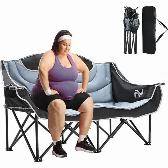 Slsy XXXL Double Camping Chair, Oversized Loveseat Camping Couch, Fully Padded Heavy Duty Outdoor Folding Chair w/ 2 Cup & Wine Glass Holder Support 900 lbs