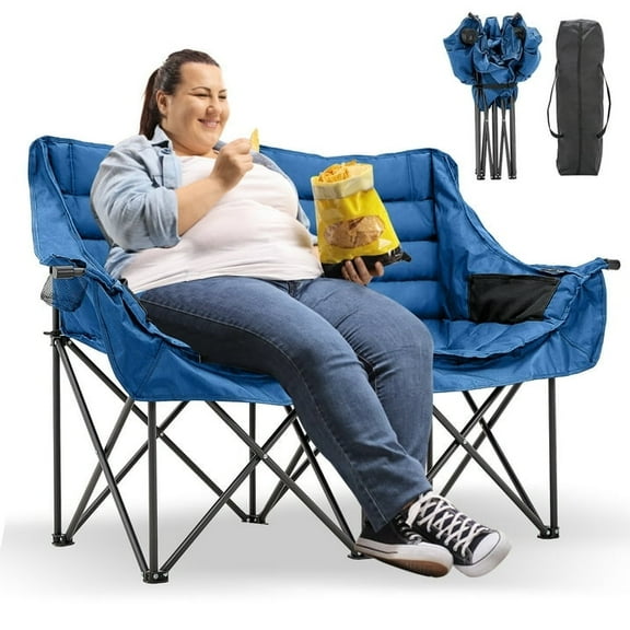 Slsy XXXL Double Camping Chair, Oversized Loveseat Camping Couch, Fully Padded Heavy Duty Outdoor Folding Chair w/ 2 Cup & Wine Glass Holder Support 900 lbs