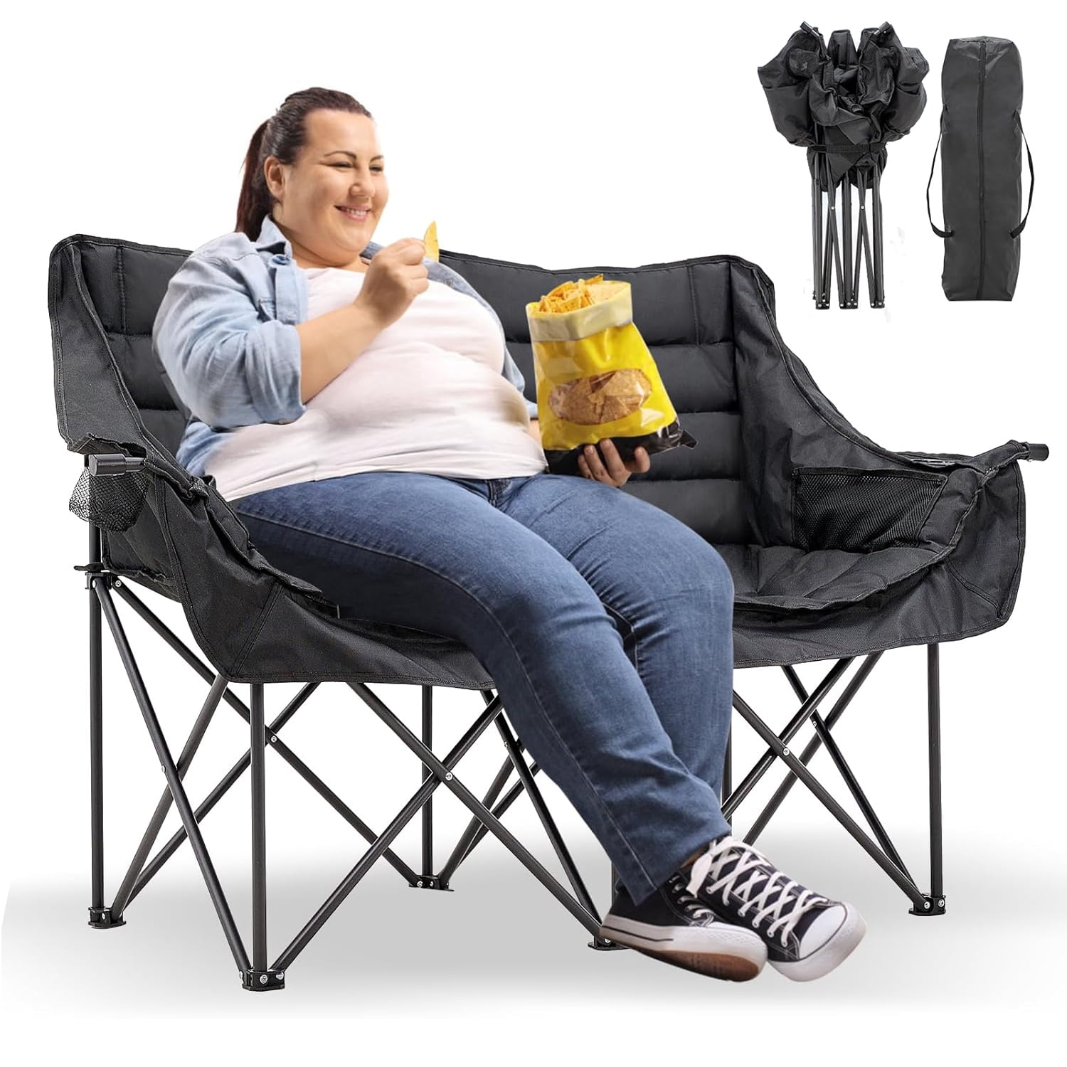 Slsy XXXL Oversized 2 Person Fully Padded Camping Chair, Folding Loveseat Camping Couch Double Camping Chairs Heavy Duty Portable Lawn Chair Patio Chair, Supports 990 LBS