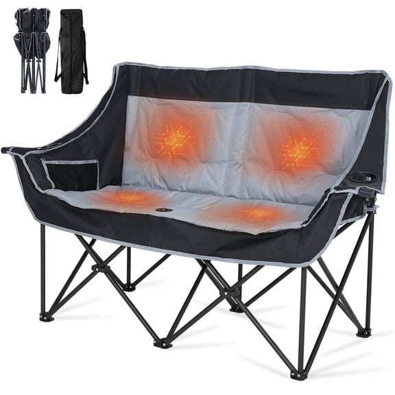 Slsy Oversized Heated Double Camping Chair, 2-Person Heated Folding Chairs for Outdoor Sports w/ 3 Heat Levels & 4 Heating Zones, Patio Lounge Chairs Folding Camping Chair Supports 550 lbs