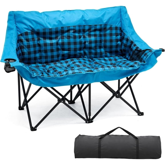 Slsy Double Camping Chair, Extra Padded Loveseat for 3 Prson Heavy Duty Folding Loveseat with Cup Holders for Camping, Fishing, or Hunting